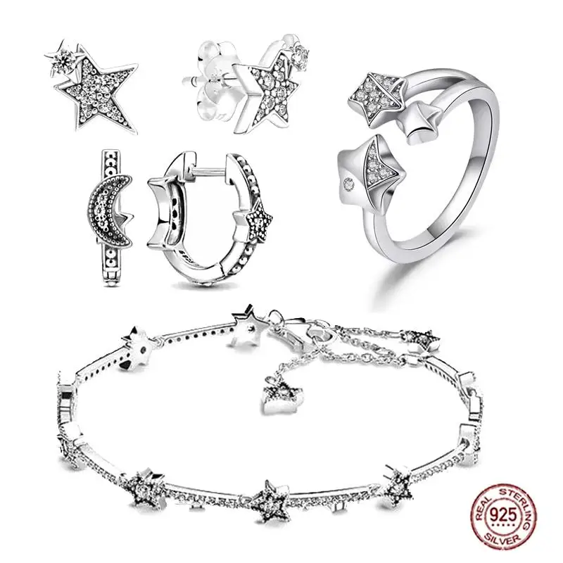

Hot Sell 925 sterling silver fashionable sparkling star shaped bracelet ring earrings women's New Year Christmas charm jewelry