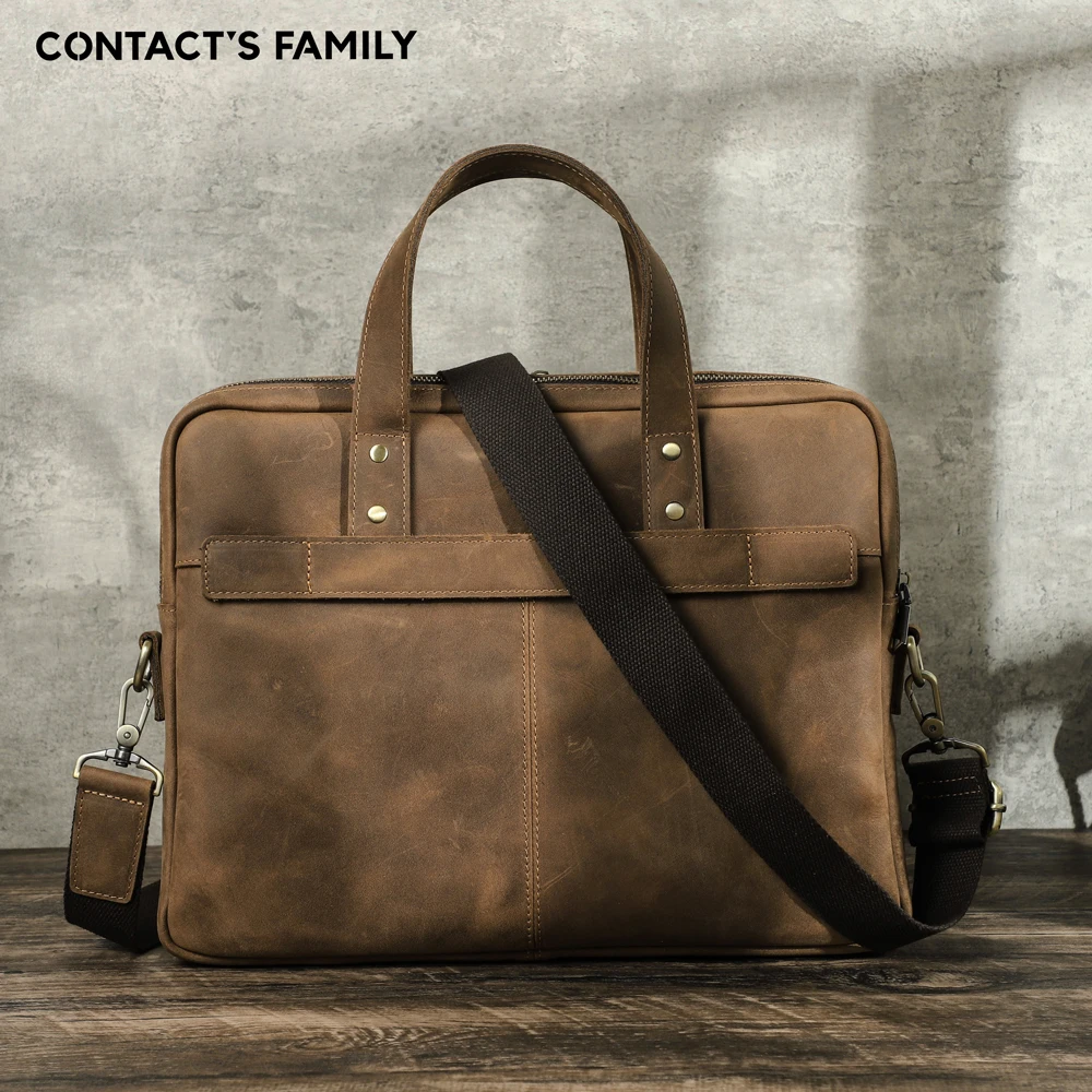 Luxury Genuine Crazy Horse Leather Men Briefcase Laptop Bag 14\'\' Portfolio Business Crossbody Bag Male Document Office Handbag