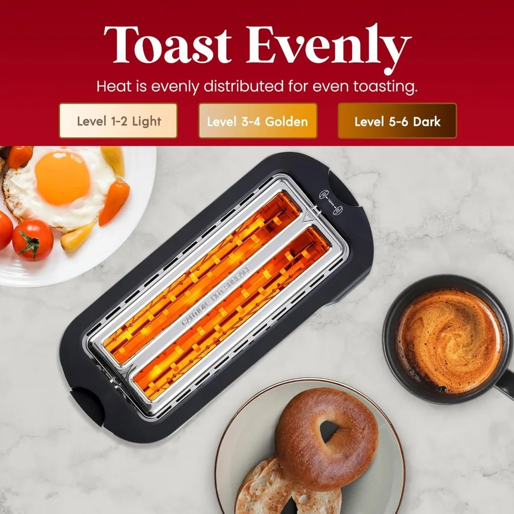 Long Slot 4 Slice Toaster, Countdown Timer, Bagel Function 6 Toast Settings, Built-in Warming Rack, Stainless Steel