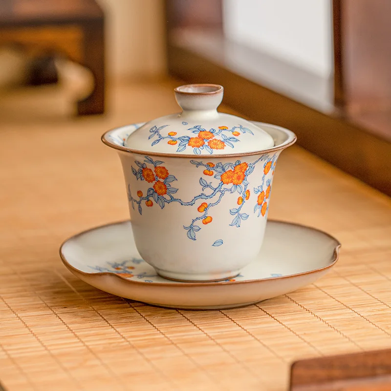 Apricot Flower Blue Branch You Porcelain Cover Bowl Tea Cup Three Tea Bowl With Cover A Single High-end Kung Fu Tea Set