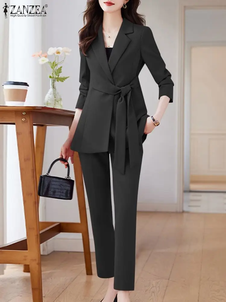 Imagem -05 - Zanzea-blazer e Calças de Manga Comprida com Lapela para Mulheres Roupas Sólidas ol Trabalho Fato de Treino Elegante Cabolsas Casuais Moda Peças