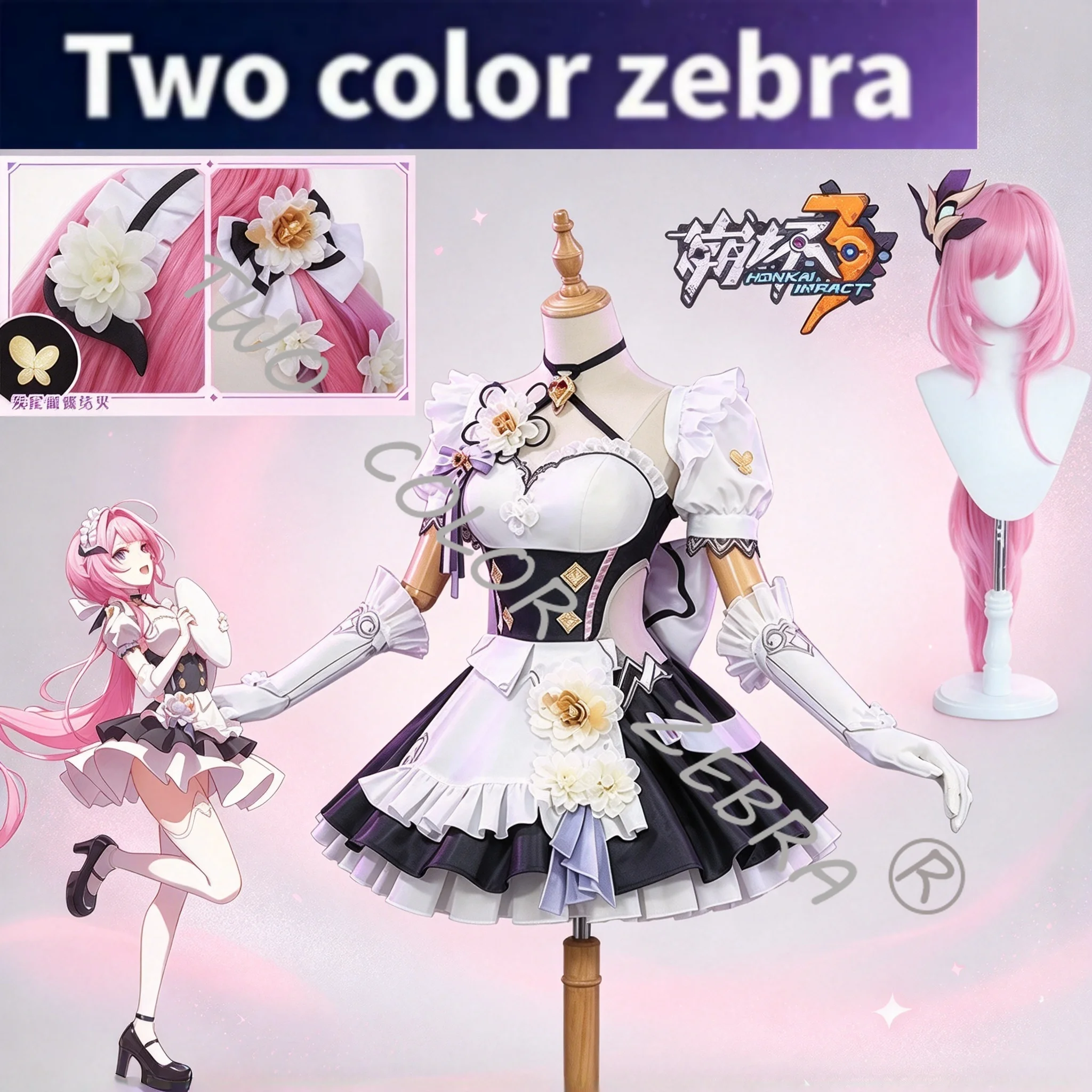 Honkai Impact 3 Elysia Cosplay Kostüm Dienstmädchenkleid Kleidung Requisiten Komplettes Set Perücke Uniform Halloween Comic Con Party Rollenspiel Outfit