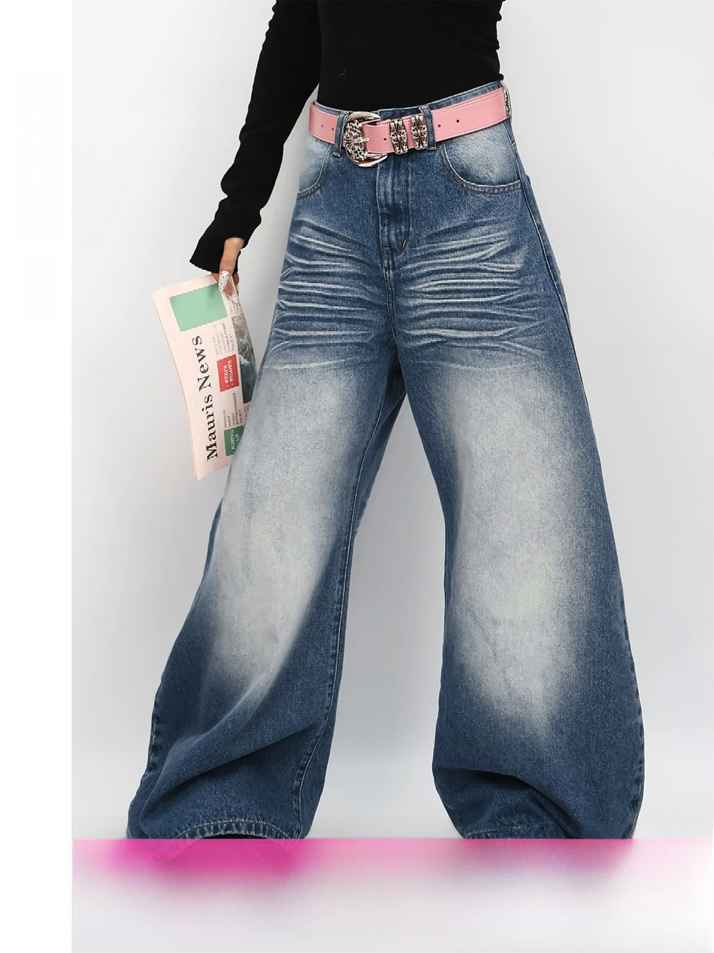 

Cool Handmade Washed Denim Jeans Women's Spring Vintage Pleated Wide Leg Pants Cotton Natural Waist Ladies Fashion