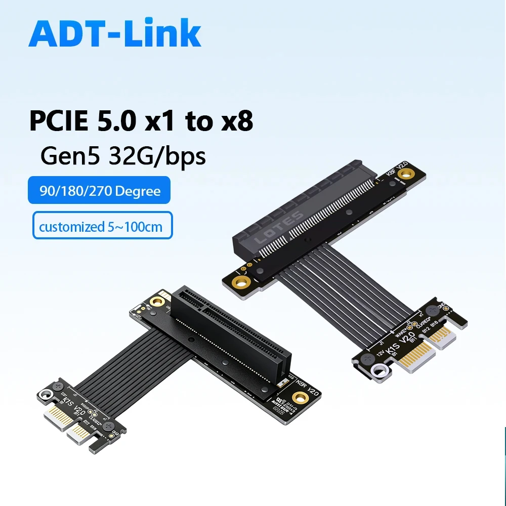 ADT PCIe 5.0 X1 To X8 Riser Cable Gen5 32Gbps PCI-E Extension Ribbon for WiFi LAN Card Capture Card USB SSD PCIe X8 Adapter Card