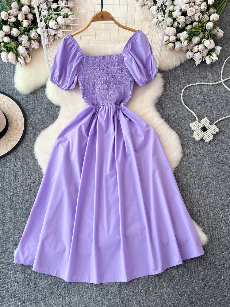 Foamlina Summer Women Elegant Midi Dress Solid Lace-up Square Neck Short Sleeve High Waist Slim Split A Line Party Dress Vestido image 5