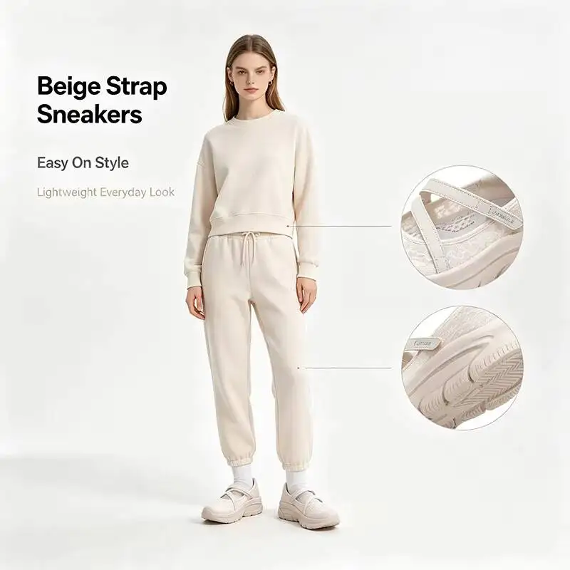 Hot Skechers Mary Jane Trendy Fashion Beige Strap Sneakers for Men Cushioned Thick Sole Lightweight Street Sport Shoes