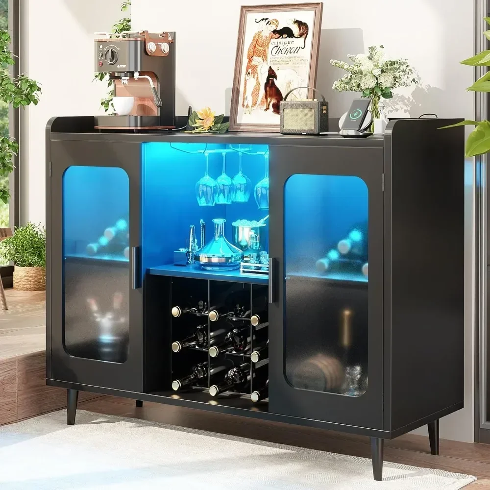 

Wine Bar Cabinet with Power Outlet, Liquor Cabinet Bar with LED Light and Glass Holder, Home Coffee Bar Cabinet