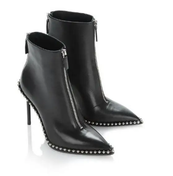 

Moraima Snc Pointed Toe Rivets Studded Ankle Boots Women Sexy Thin Heels Ankle Boots Black Leather Riding Boots