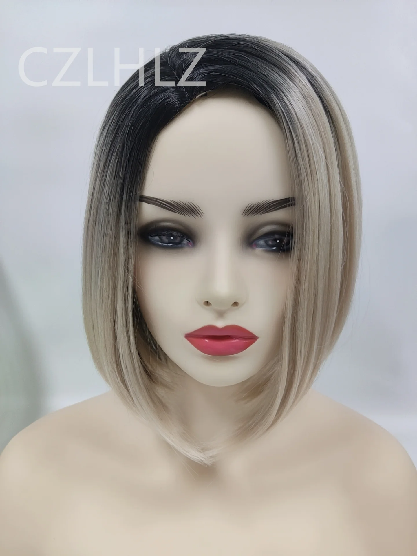 Women\'s Fashion Blonde Ombre Synthetic Wig Soft Silk Straight Bob Hair Dark Roots Heat Resistant Cosplay Party Wigs