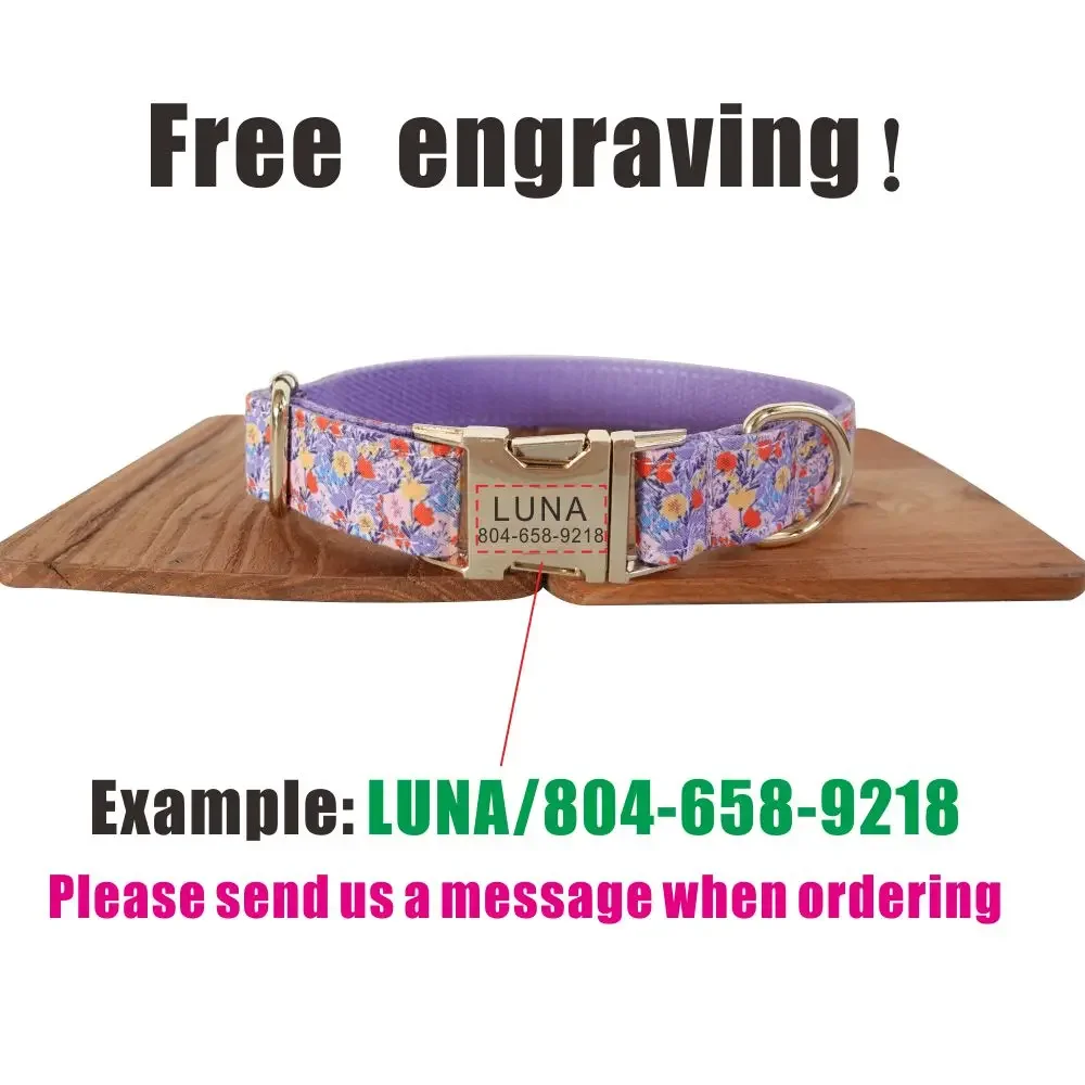 Personalized Dog Collar Custom Pet Collar Free Engraving ID Name Tag Pet Accessory Purple Flowers Fiber Puppy Collar Leash