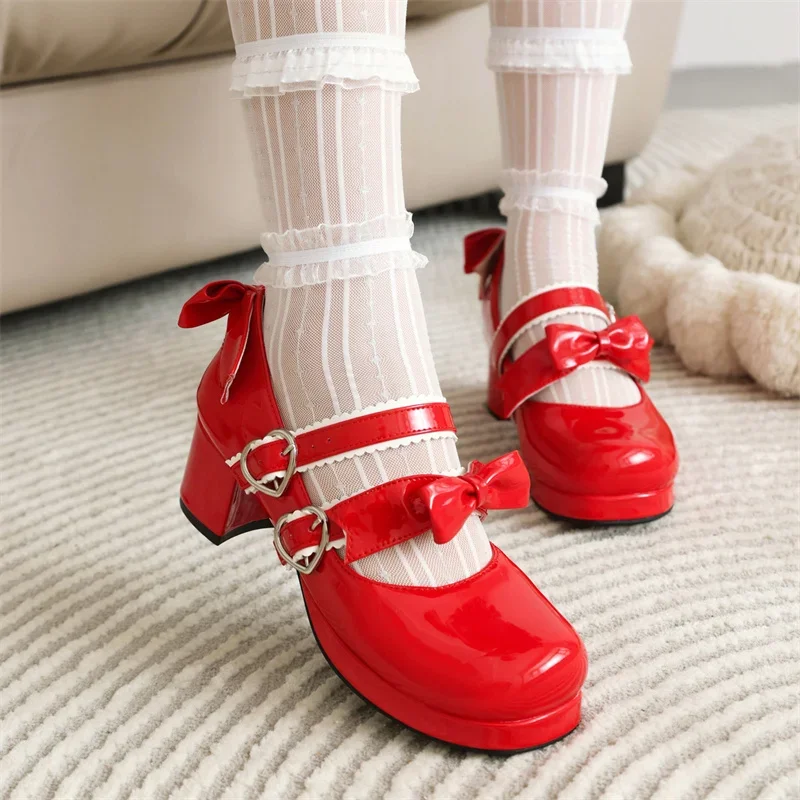 

Drop Ship Sweet Double Buckle Strap Mary Janes Shoes for Girls 5.5cm High Heels Platform 2024 Wedding Party Pumps Princess 12+y