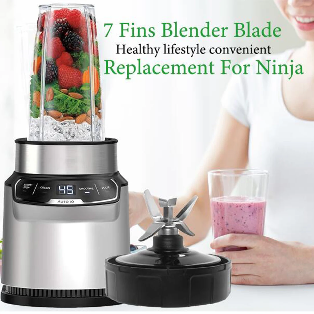 شفرة الخلاط مناسبة للنينجا، قطع غيار 7 شفرات ذكر زعانف مع حشية مطاطية، ملحقات الخلاط المتوافقة مع Nutri Ni