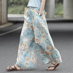 Cotton Linen Pants Floral Printing Loose Casual Vintage Korean Style Harajuku Trousers Wide Leg Pants Women Clothing Baggy Pants