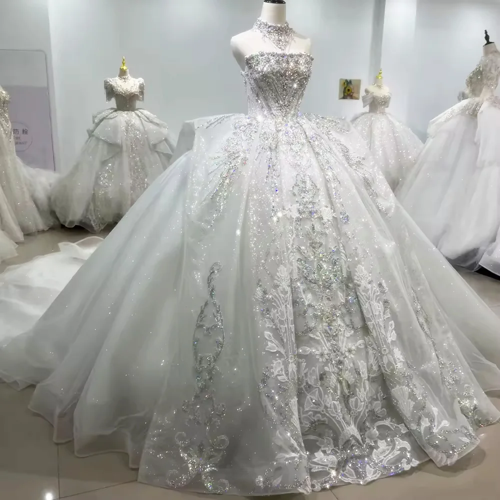 Robes De Mariée 2025 Свадебное платье без бретелек на шнуровке сзади, расшитое бисером, кристаллами, вышивкой и блестками, бальное платье по индивидуальному заказу, свадебное платье
