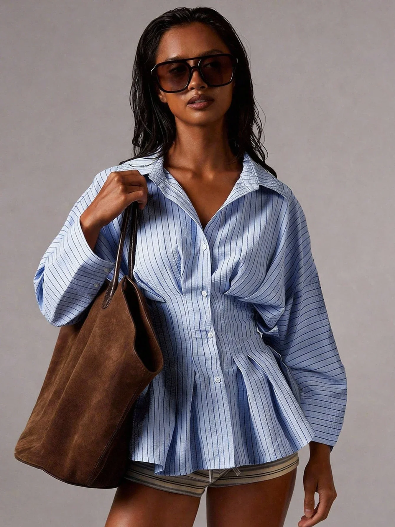 

Sky Blue Striped Peplum Blouse With Ruffle Waist And Turn-Down Collar For Office Casual Wear