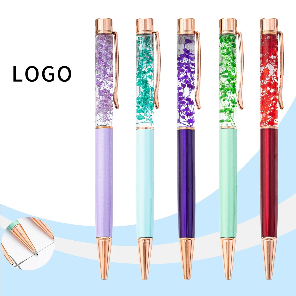 Personalized Laser Engraving DIY Flower Pen Elegant Liquid Oil Filled Metal Ballpoint Pen for Office & Wedding Gifts Logo pen