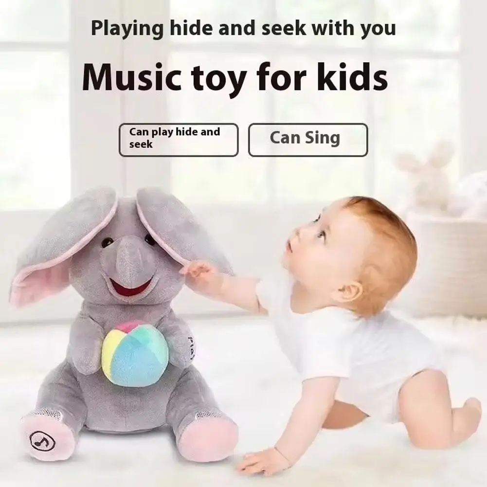 Brinquedo de pelúcia de elefante Peekaboo, brinquedo sensorial de bebê com orelhas felpudas com música, brinquedo de aprendizagem educacional macio