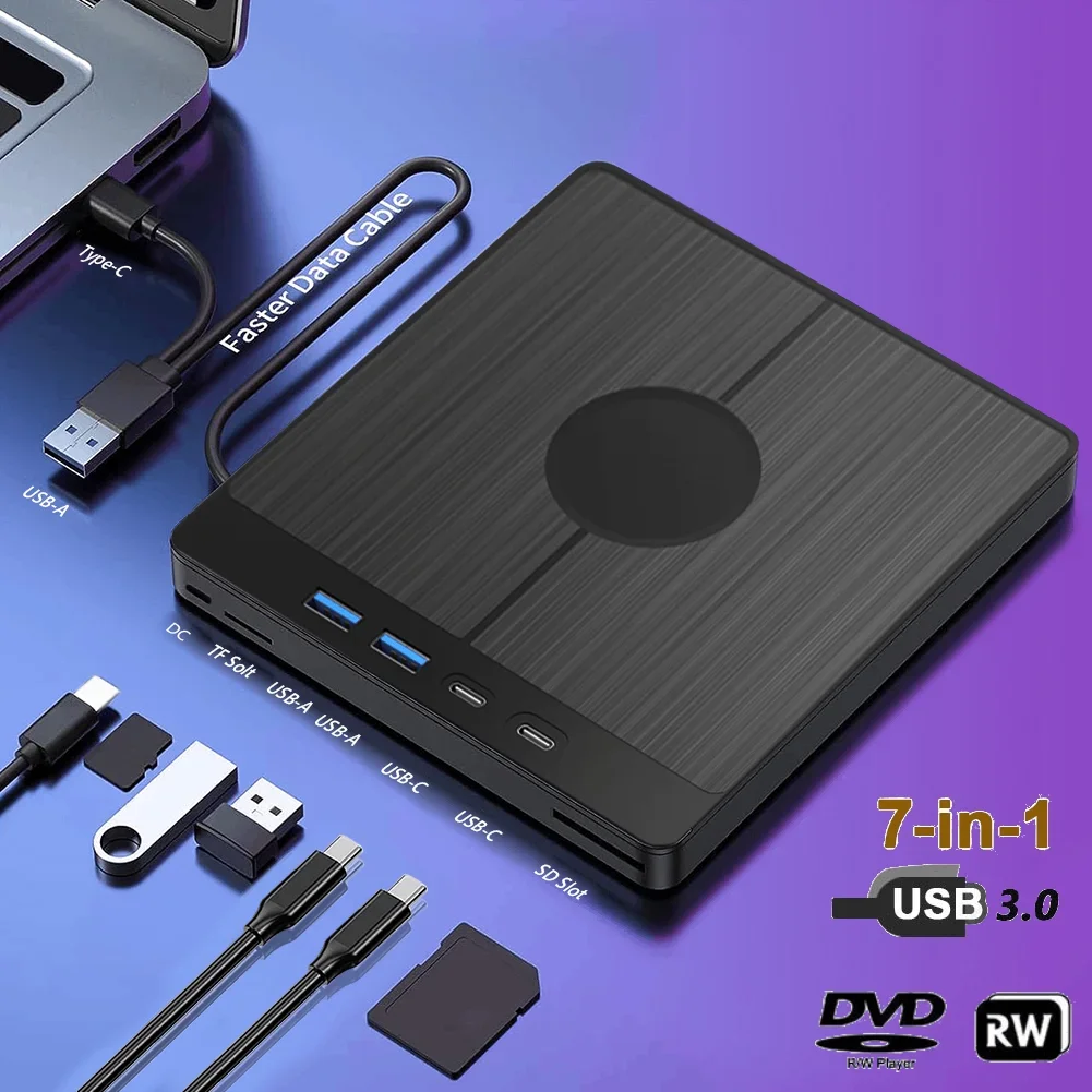 Unidade externa de cd/dvd 7 em 1, leitor de cd/dvd, gravador com 2 portas usb/tipo-c, usb 3.0 para laptop, desktop