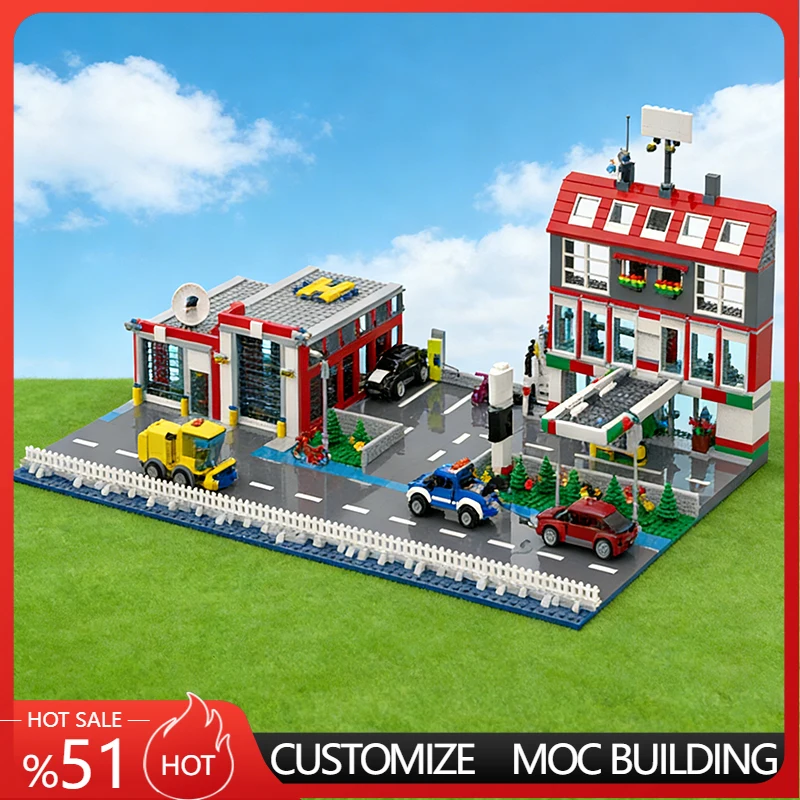 2457 PCS Construction service station and fire department MOC Customize Modular Building Block Creative DIY Toy Birthday Gift