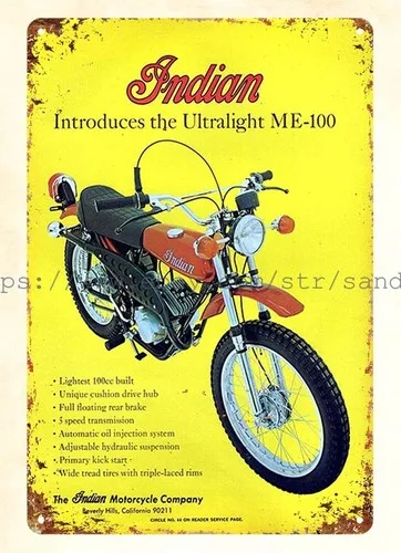 1974 Indian ME-100 Motorcycle Ultralight Enduro-1 metal tin sign restaurant pub