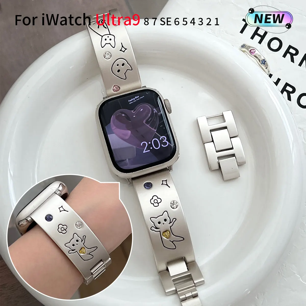 Multicolored curved metal strap for Apple Watch 49mm-38mm strap Animal Graffiti for iwatch 9876-2 SE strap