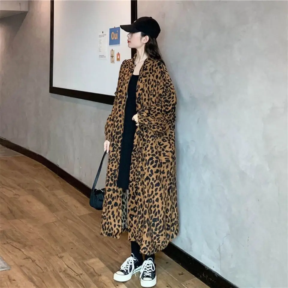 Spring Autumn Fashion Women\'s Thin Leopard Print Zipper Long Coat