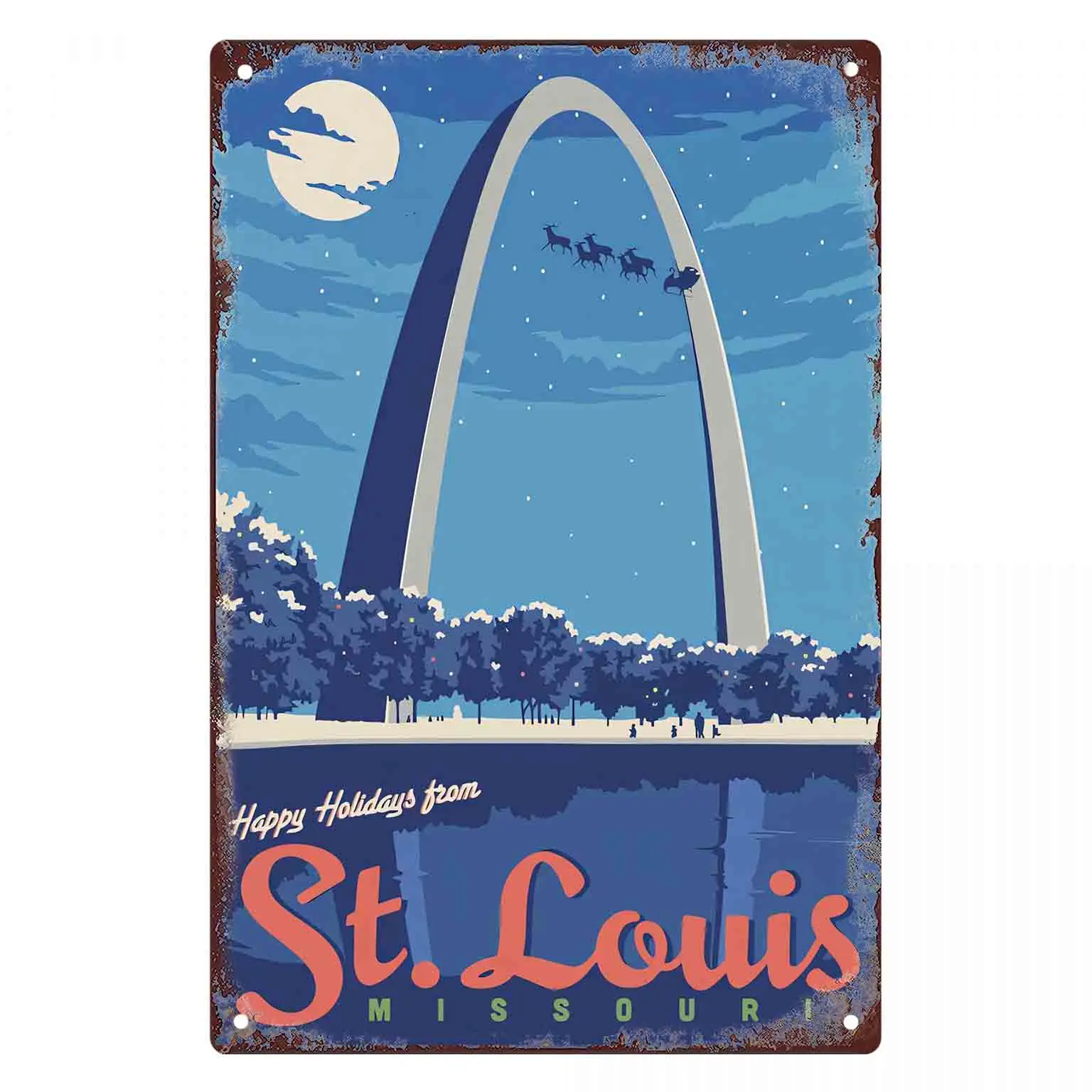 2D FLAT 1pc Happy Holidays From St Louis Missouri Arch Winter Night Metal Wall Sign Decoration for Home Cafe Garage Bedroom