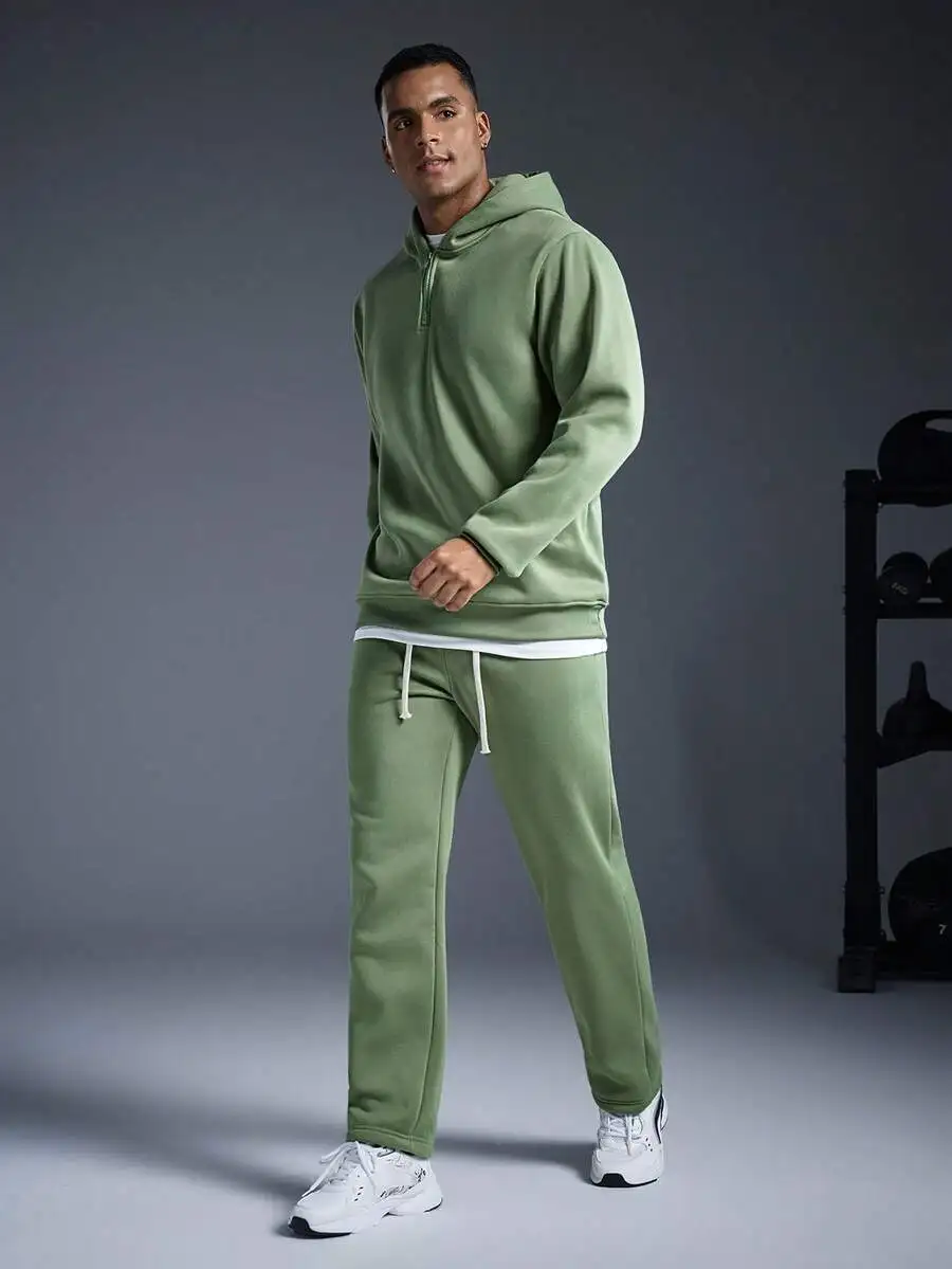 Olive Green Mens Zip-Up Hoodie And Matching Joggers Set For Fall Winter Casual Wear view 4