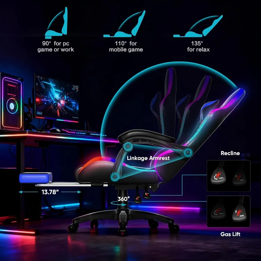 Gaming Chair for Adults and:Racing Style, Black/Blue Fabric, RGB LED Lights, Lumbar Massager, High Back Reclining Computer Chai view 6