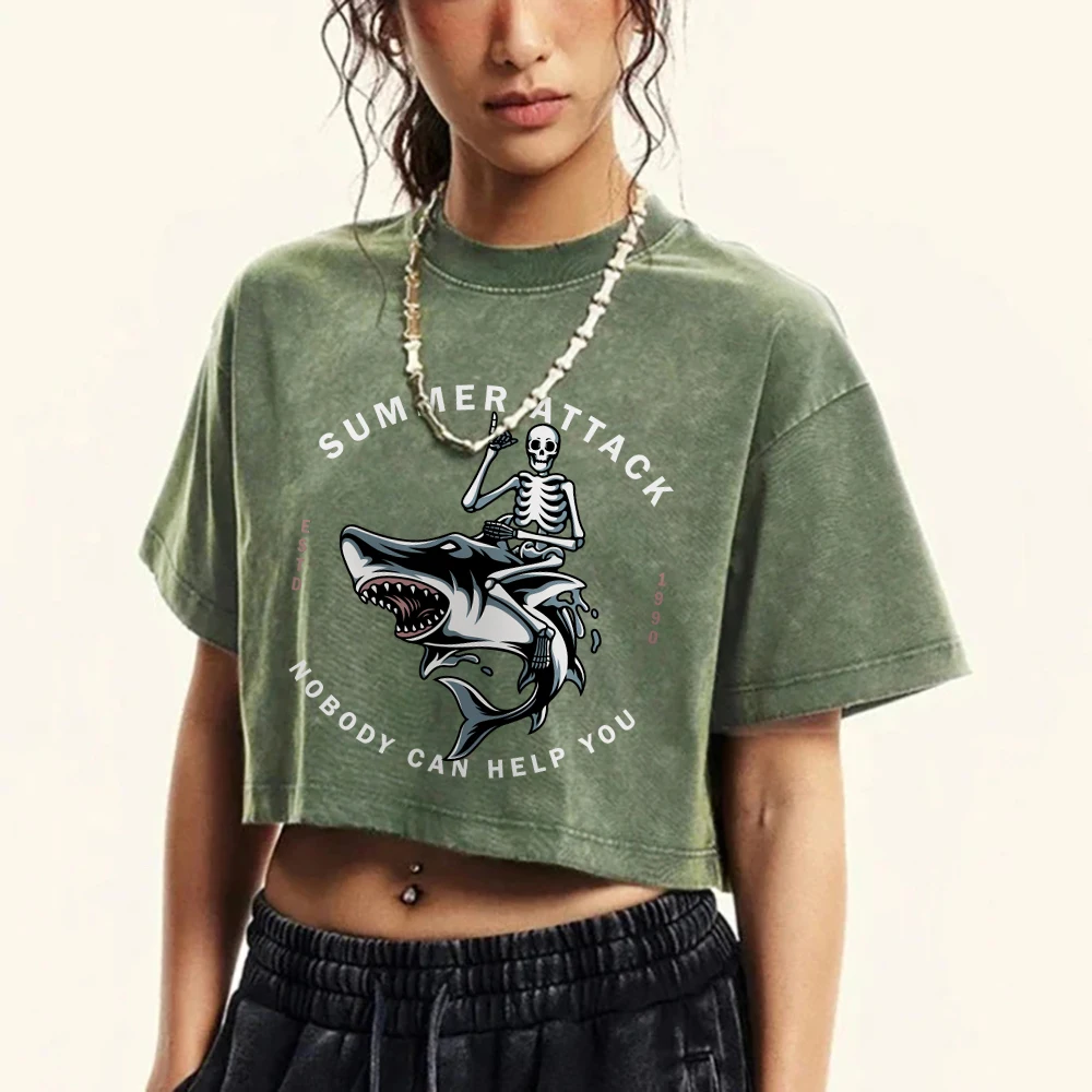 Attack Nobody Can Help You Skull Riding Sharks Printing Women'S T-Shirts Loose O-Neck Soft Cotton Tops Summer Female Clothes