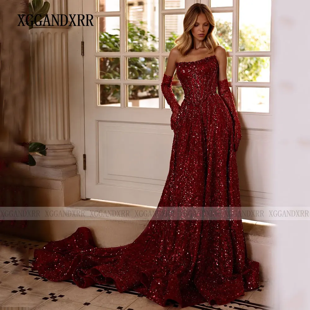 Customized Luxury Wine Red Beading Long Evening Dress 2026 Shining Sequin Formal Party Gown Long Sleeves Backless Prom Dresses