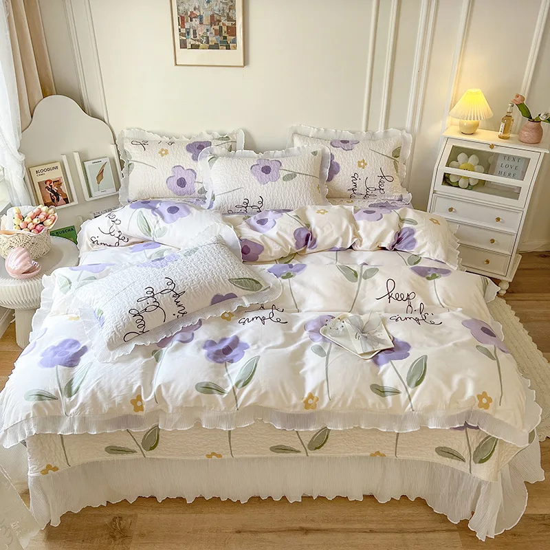 

Cotton Korean version small fresh floral bed cover three piece set, all cotton duvet cover can be paired with four piece set