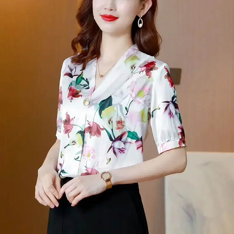 

Женская высококачественная атласная шелковая блузка с цветочным принтом, летние стильные винтажные элегантные рубашки с v-образным вырезом и короткими рукавами, Blusas De Mujer