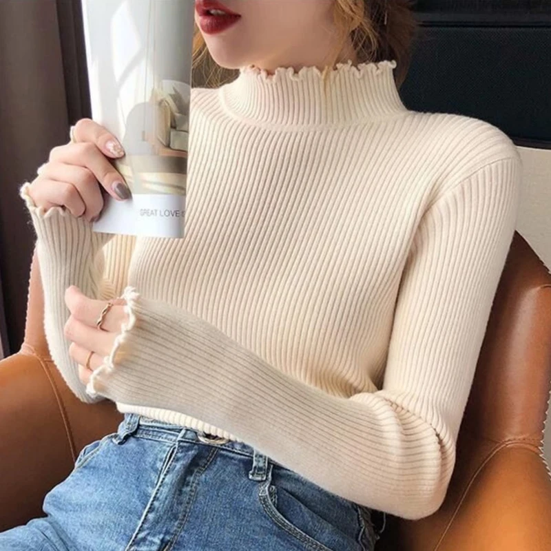 女性用ハーフハイカラーニットブラウス,ハーフハイカラー,カジュアルなモノクロプルオーバー,スリムフィットのセーター,秋冬