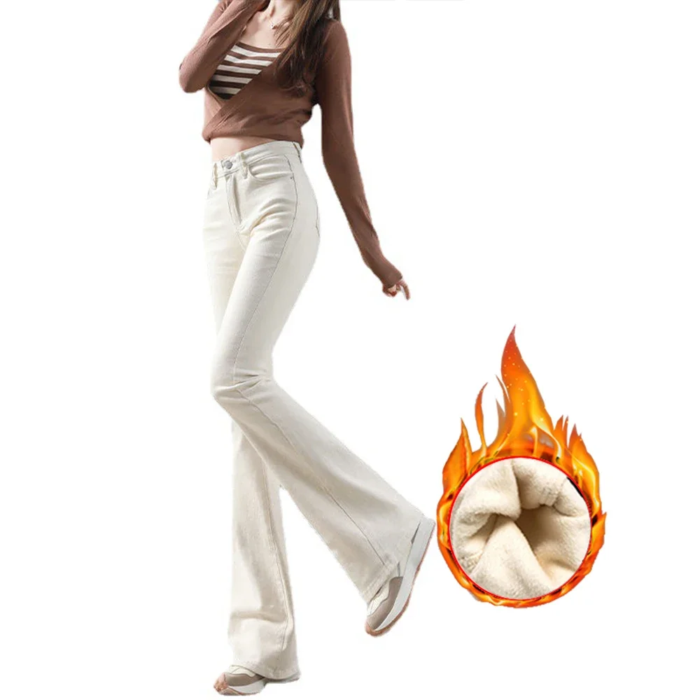 

Women Beautiful Slimming Fit Flared Denim Jeans Spring Autumn Winter Velvet Hot Lining Thicken Warm Flare Pants White XT1446