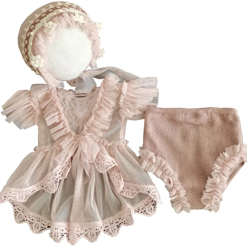 Newborn Photography Props Outfits Baby Lace Romper Headband Set Infants Photo Shooting Bodysuit Jumpsuit Hair Band