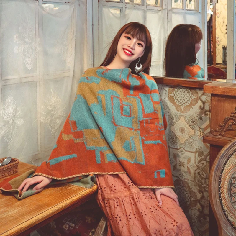 Autumn Warm Ethnic Style Women Hooded Shawl Loose Colorful Bohemia Cloak Cape Casual Winter China Travel Cardigan Ponchos Mujer