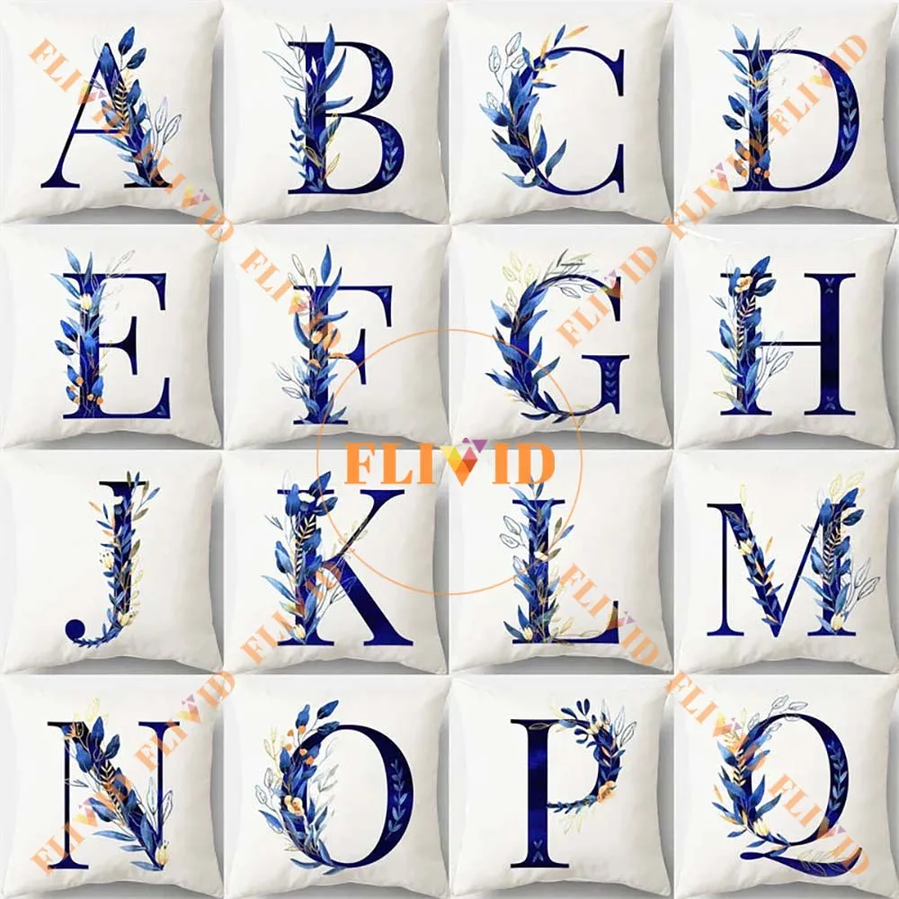 

Blue Alphabet Flower Leaf Letter Print Pillow for Home Decor, Cushion Decoration for Sofa, Square Throw Pillows with inner