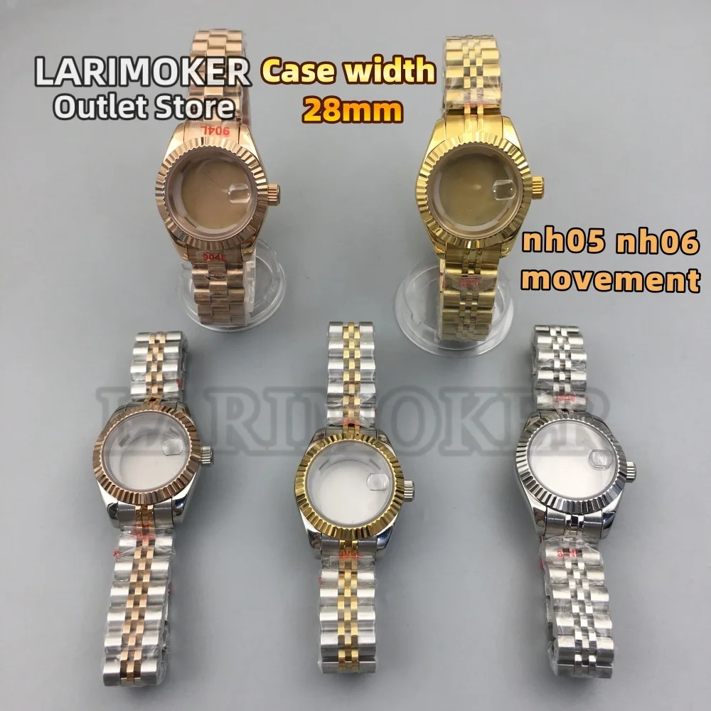 

LARIMOKER 28mm Women's Watch Case Stainless Steel fluted Bezel Sapphire Glass Steel Strap Fit NH05 NH06 Movement Watch Parts