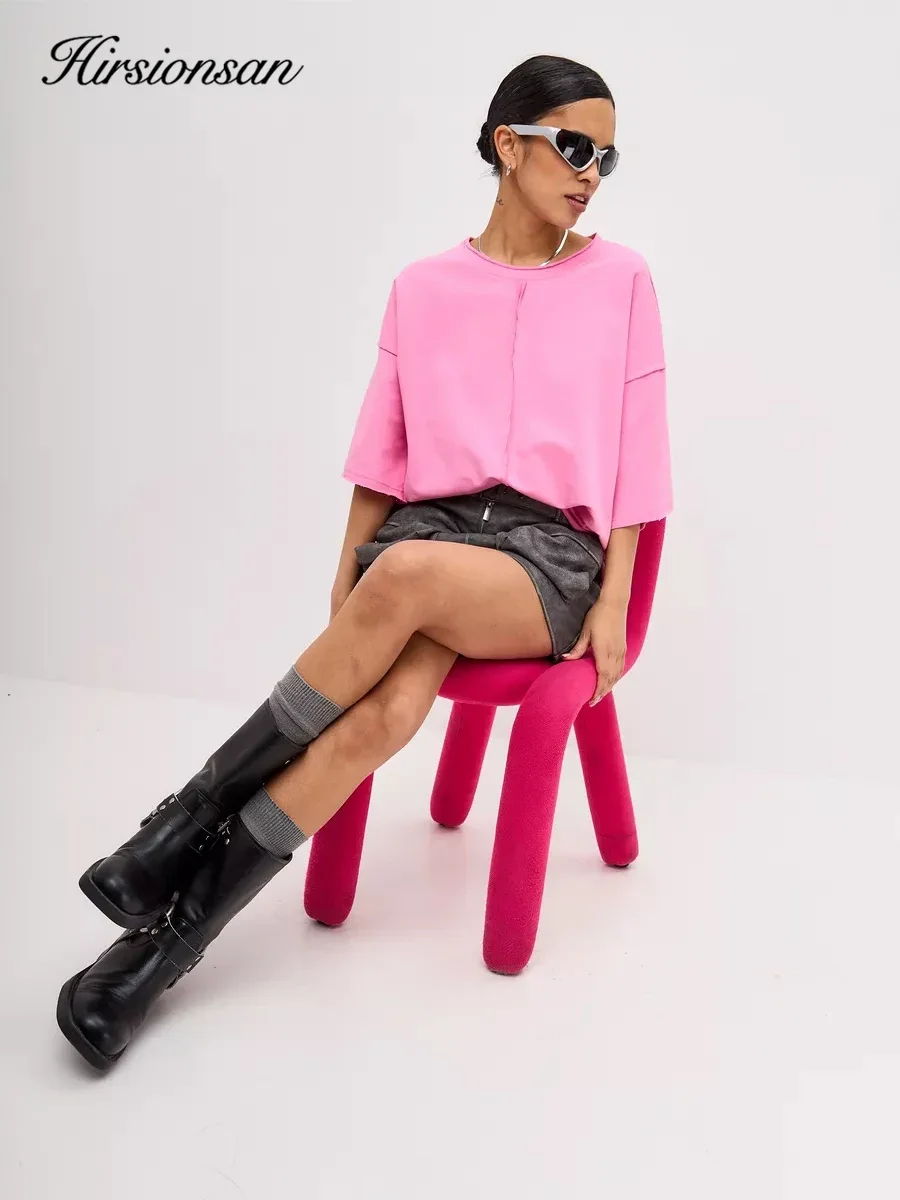 Hirsionsan Summer Casual Oversized T-shirts Women 100% Cotton Pink Loose Tees 2025 New Cusual Solid O Neck Female Aesthetic Tops image 5