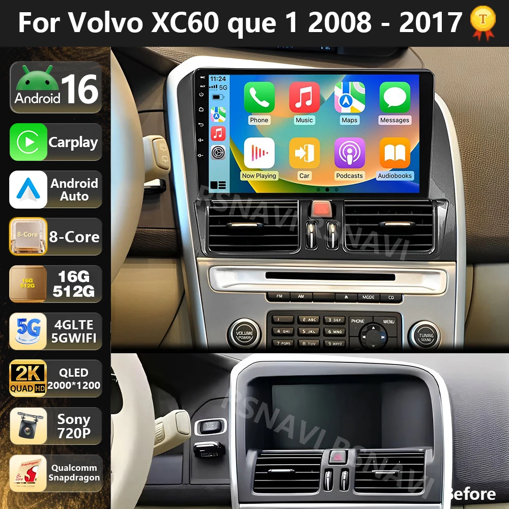 Radio Multimedia para Auto con Qualcomm Android 16 para Volvo XC60 2009 - 2017, Auto Carplay, Estéreo para Auto, wifi+4G, 2 Din, Video, GPS