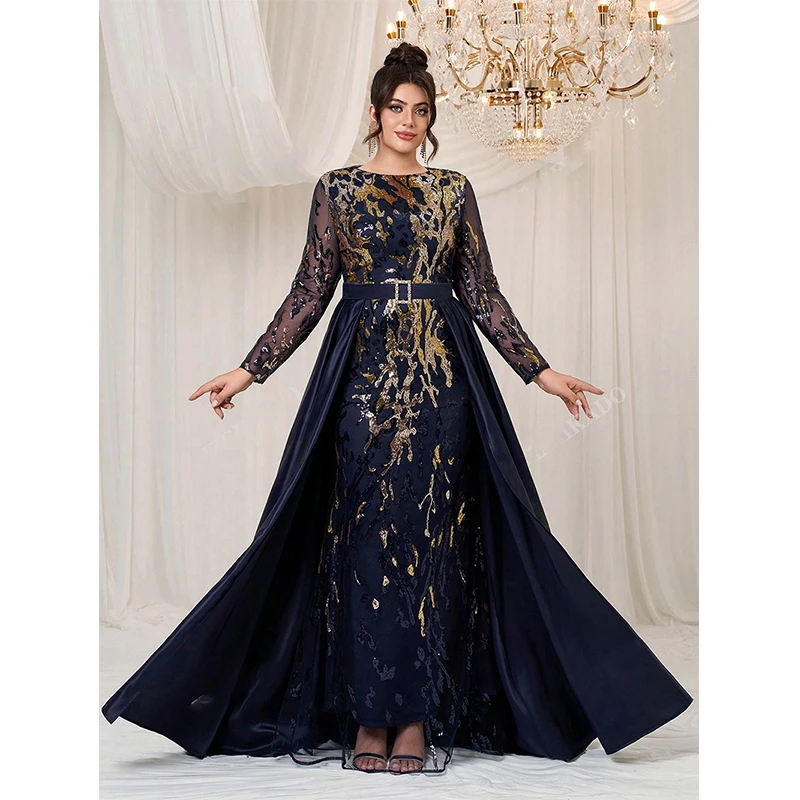 Sukienki wieczorowe damskie z długim rękawem, dekoltem typu O, cekinami, odpinanym płaszczem, eleganckie sukienki koktajlowe, na studniówkę, na formalne okazje.