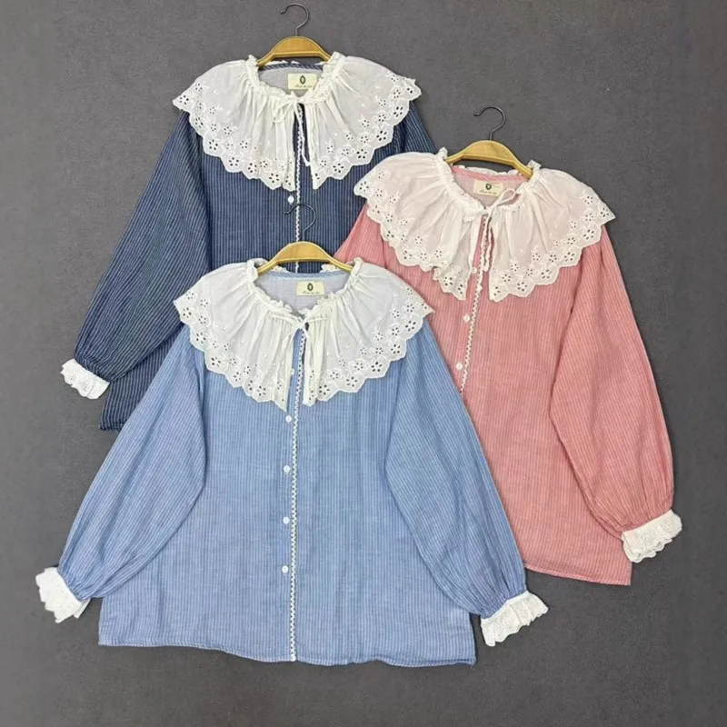 

Johnature Women Spring New Forest-Style Color-Block Hollow Embroidered Lace-Up Oversized Collar Striped Shirt Versatile Tops