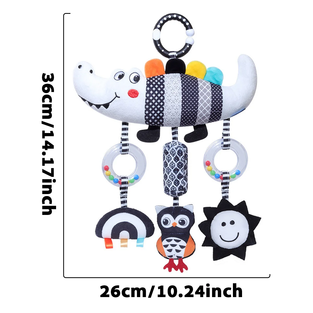 Crocodile Plush Animal Hanging Car Seat Toy with Music Rattle, Sensory Baby Toys for Boys Girls to Boost Cognitive Skills