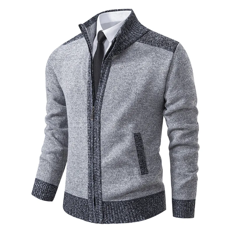 Autumn and Winter New Jacket Plus Size Fat Guy Zipper Sweater Thickened and Fleece Men's Spliced Cardigan Mock Neck Sweater
