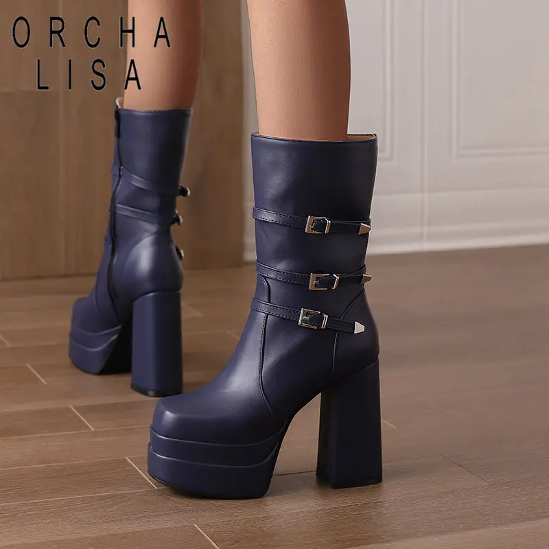 

ORCHA LISA Ladies Ankle Boots Square Toe Chunky Heels 12cm Double Platform 4.5cm Zipper Belt Buckles Big Size 49 50 Mature Booty