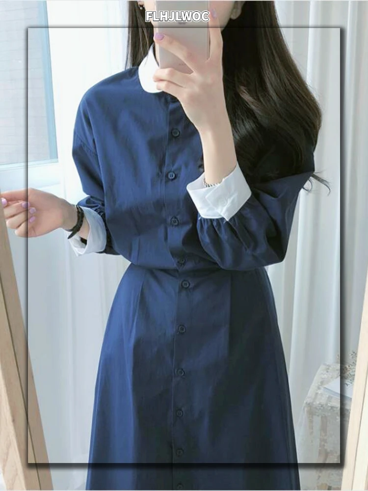 Cotton Linen Peter Pan Collar Dresses Women Japan Korean Temperament Preppy Style Girls Lady Blue A Line Vintage Dress Long 6110