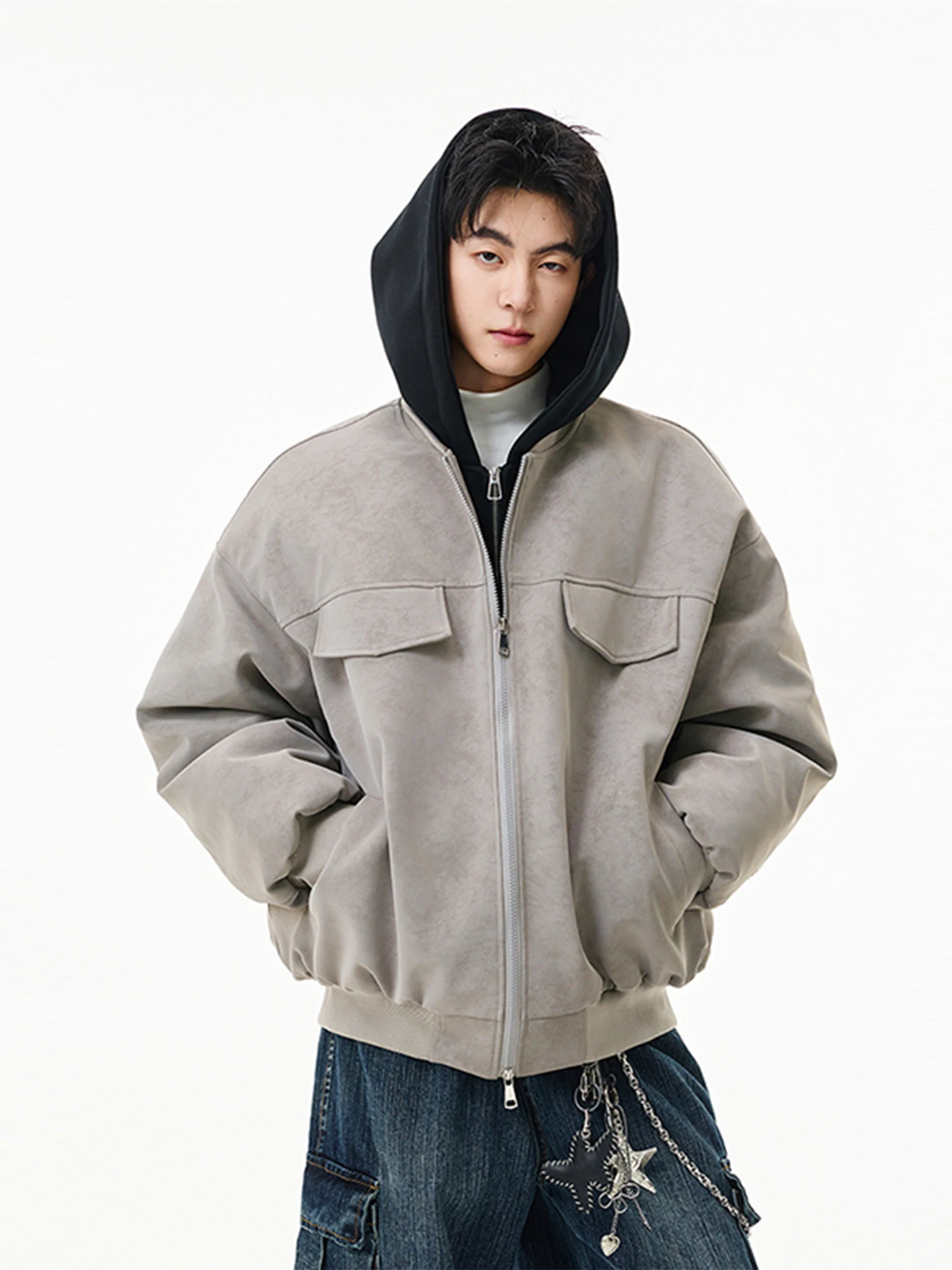 アメリカン スレ ティエンド PU レザー フード付きコットン ジャケット メンズ 冬 ファッション ルーズ ダブルジッパー 暖かいコート トレンディ ユース カジュアル