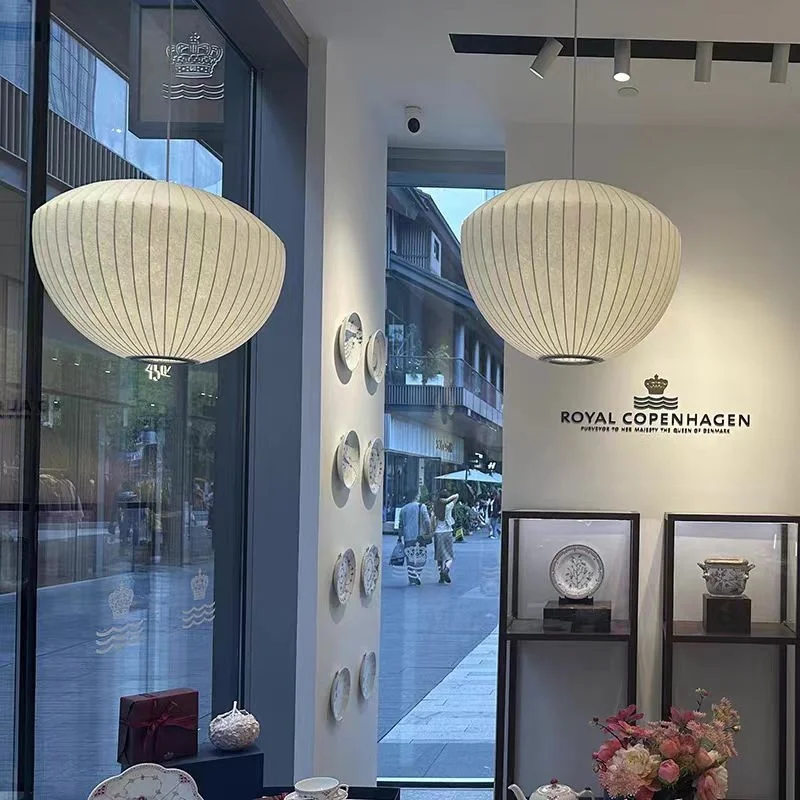 Nordic Imitation Silk Restaurant Bedroom Single Headlight Flat Style Japanese Style Serene Silk Cocoon Pendant Light