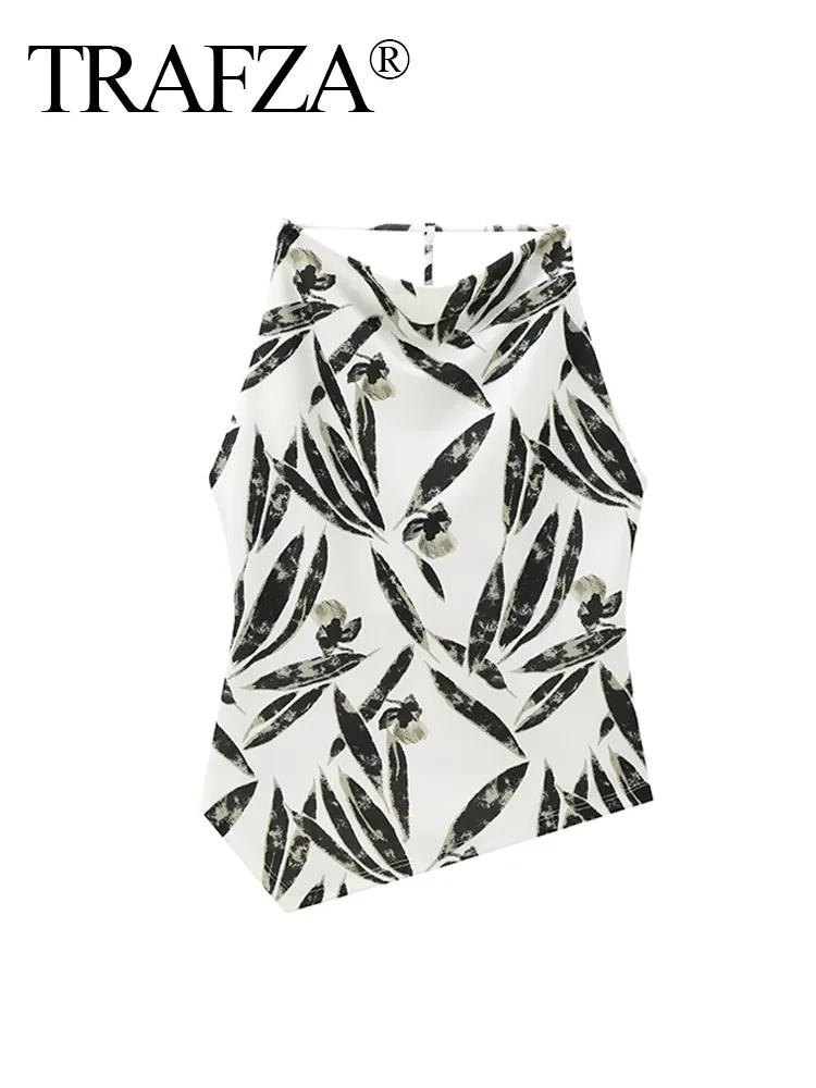 

TRAFZA Summer Top Woman Trendy Print O-Neck Sleeveless Backless Decorate Tank Tops Female Streetwear Style Slim Top Camis